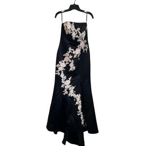 Tiffany Designs Whimsigoth Black & Pink Floral Appliques Strapless Prom Gown Sz8